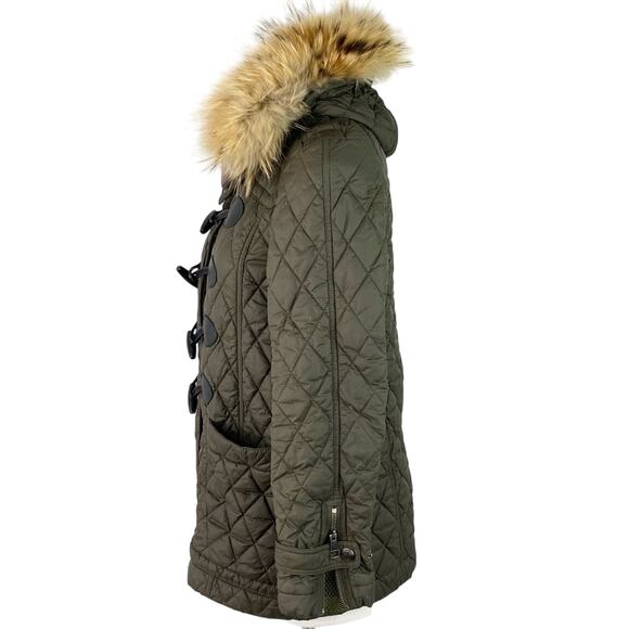 BURBERRY BRIT OLIVE GREEN QUILTED Lansdowne TOGGLE COAT XS W/ REMOVABLE FUR TRIM - Picture 2 of 12